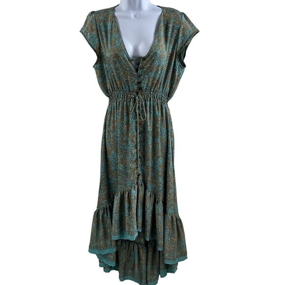 Luck Star Ibiza 100% Silk High Low Button Up Midi Dress Ruffled Hem Unique Print - Picture 2 of 16